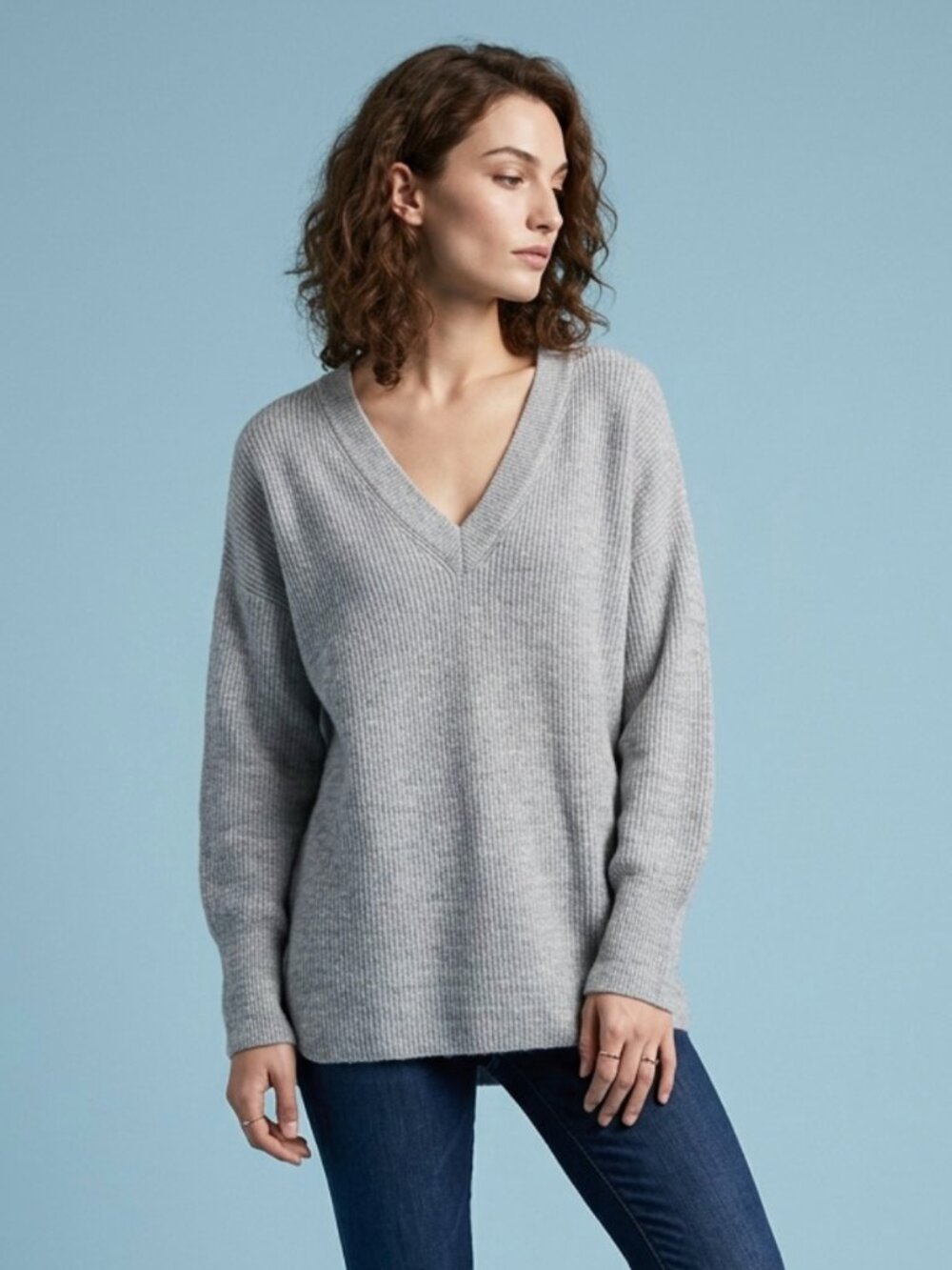 HALOGEN Light Gray V-Neck Oversized Ribbed Knit Sweater Sz XL